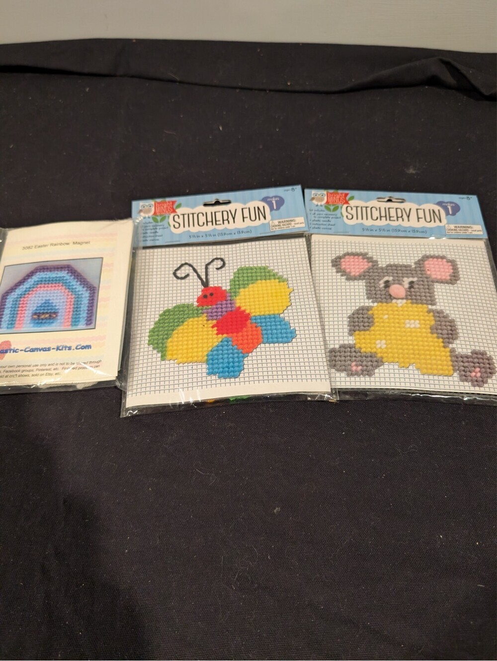 3 Mini Plastic Canvas Kits Nicole Stitchery Fun Butterfly Mouse Easter Rainbow